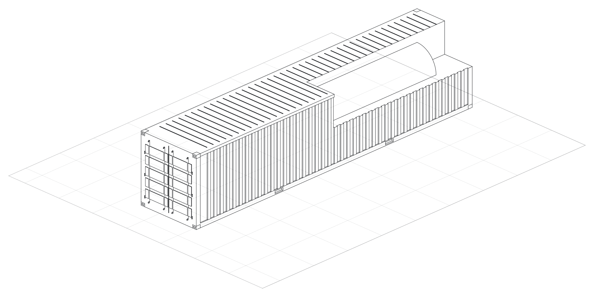 Cutaway isometric showing the reactor envelope inside a forty-foot ISO container