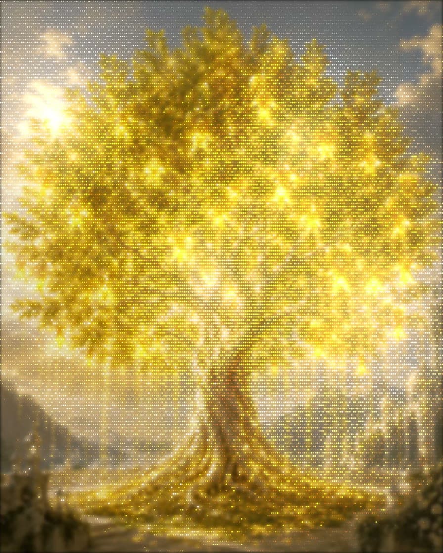 A luminous tree rendered as a field of golden dots.