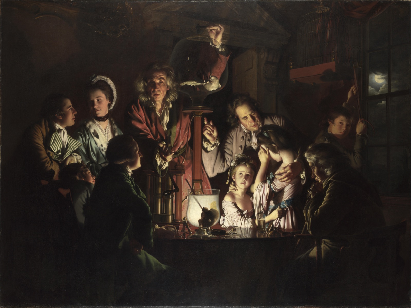 Joseph Wright of Derby, 'An Experiment on a Bird in the Air Pump' (1768) — chiaroscuro depiction of an 18th-century natural-philosophy demonstration around a vacuum pump.