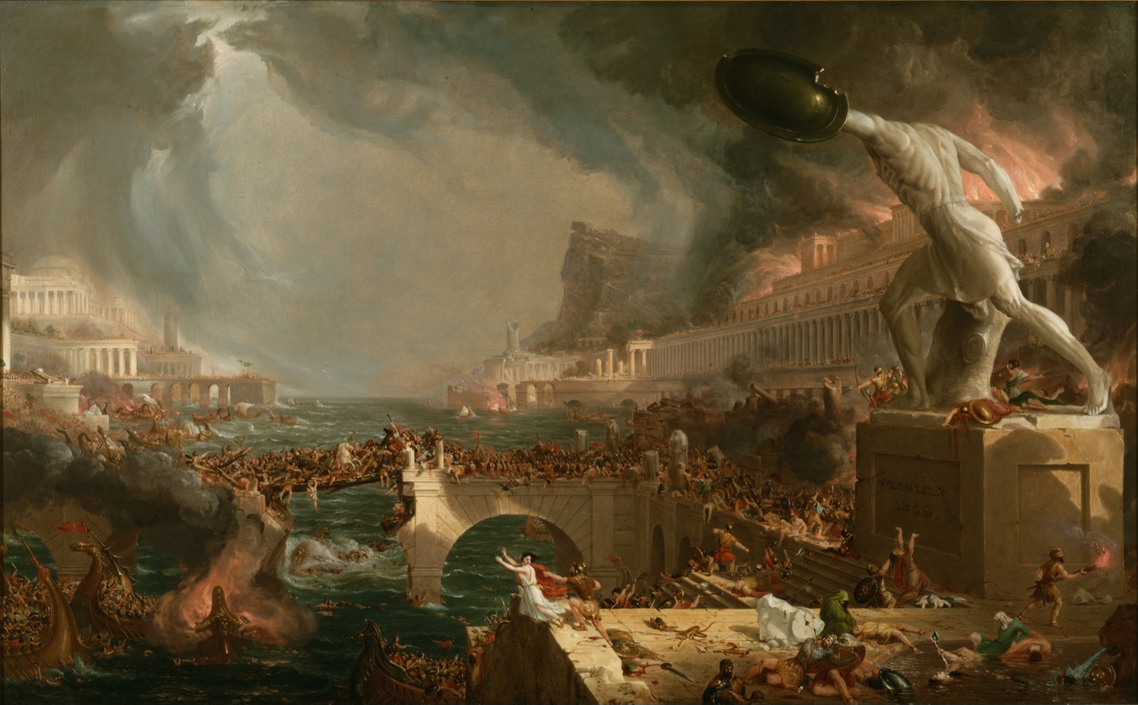 Thomas Cole, 'The Course of Empire: Destruction' (1836) — the penultimate panel of Cole's cycle, depicting the same imperial city being sacked and burned.