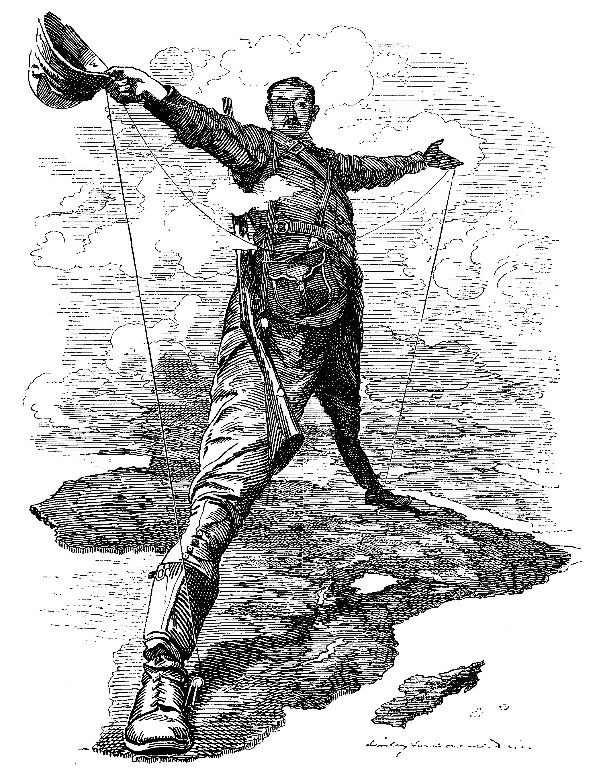 Linley Sambourne, 'The Rhodes Colossus' (Punch, 1892) — Cecil Rhodes straddling the African continent from Cape Town to Cairo with a telegraph line in his hands.