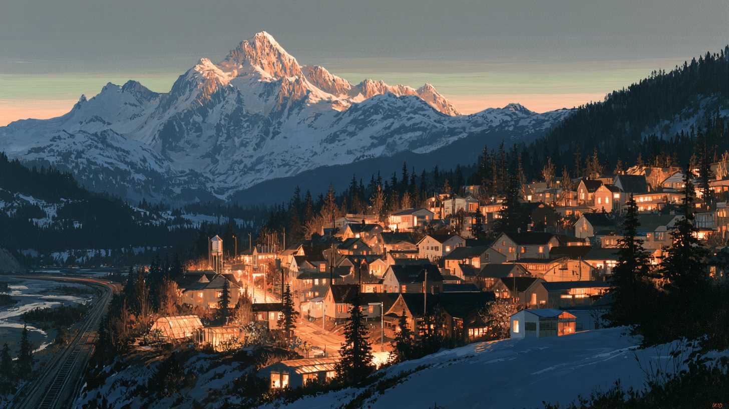 A mountain town at blue hour with every window lit beneath snow peaks