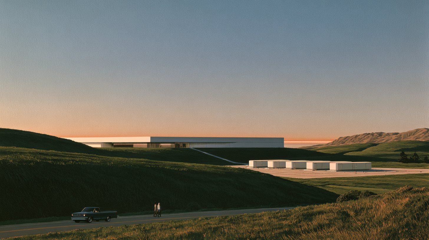 A low white building on green coastal hills with a row of container modules and the ocean beyond