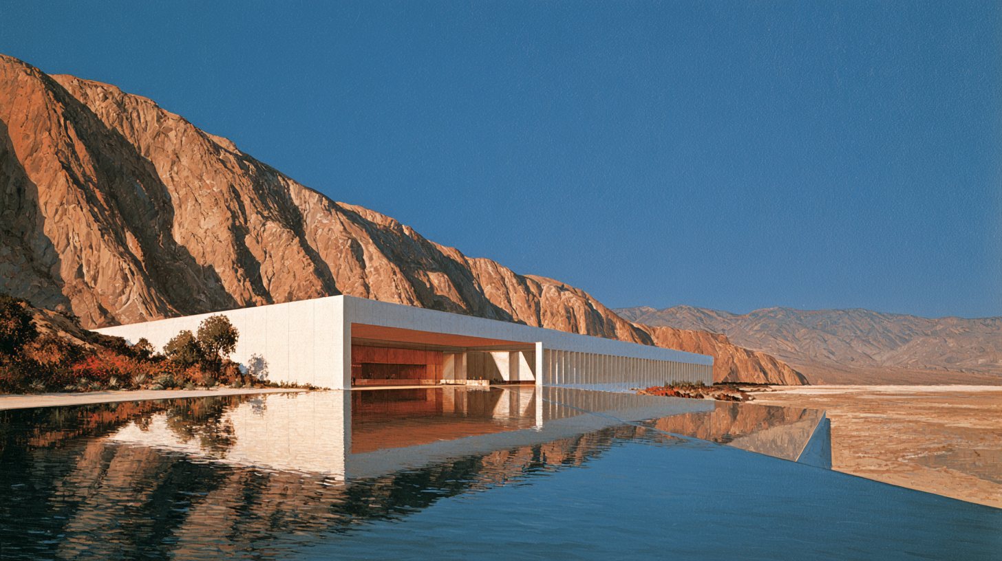 A white colonnaded plant building standing over still water beneath a desert mountain