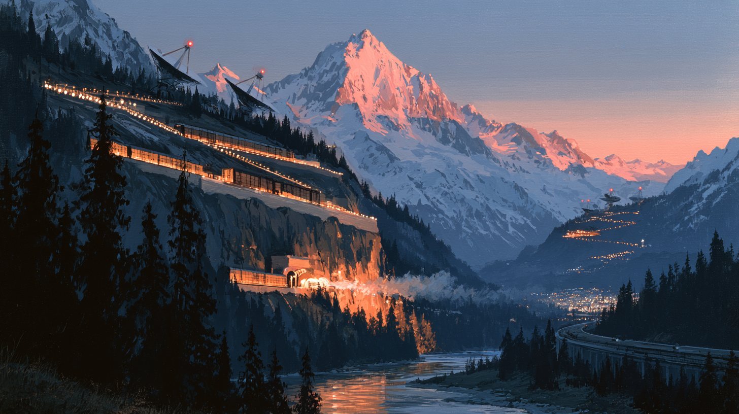 Lit container rows stepping down a mountainside at dusk above a valley town