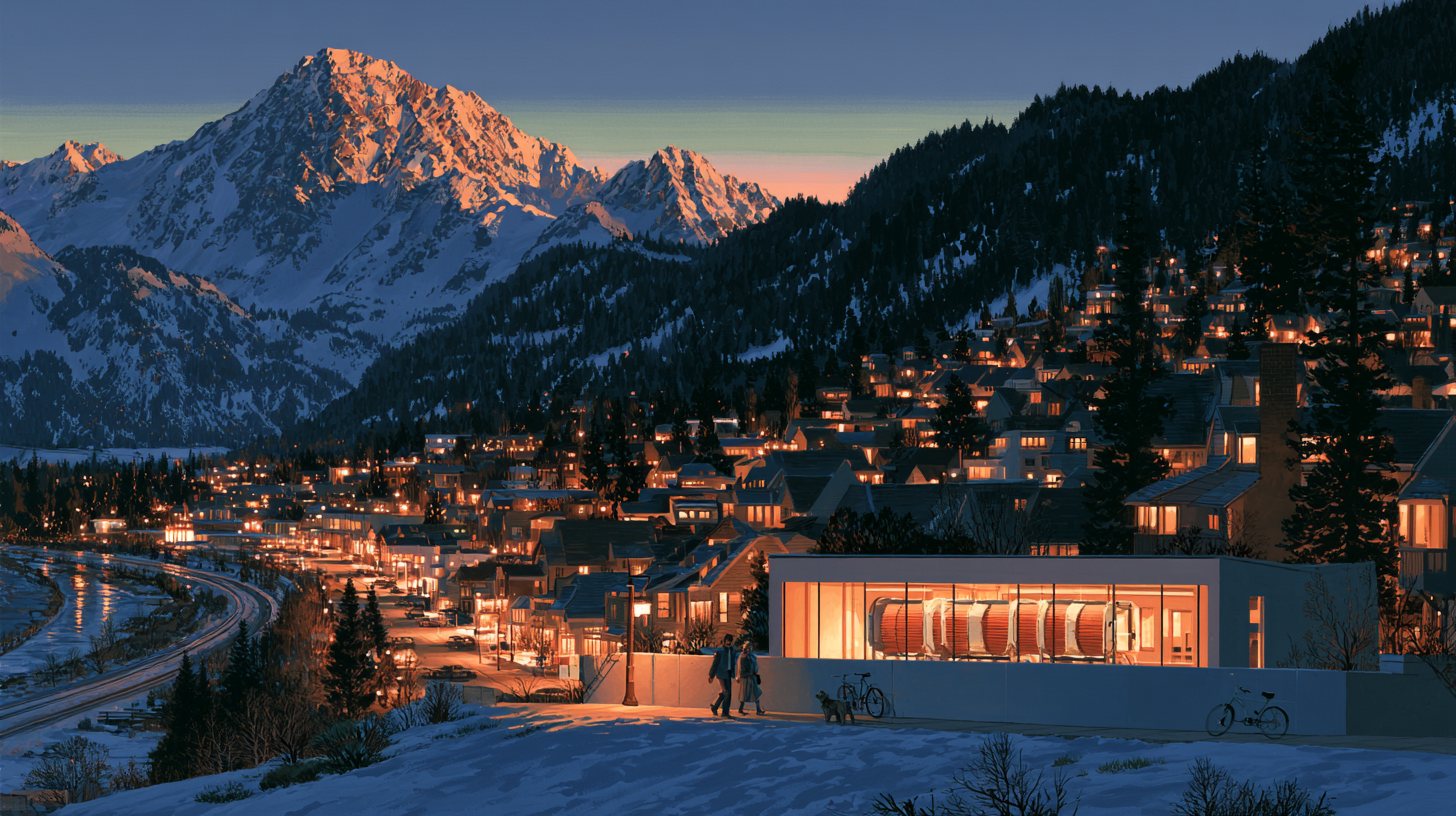 A mountain town at dusk with a small power plant lit at the end of the street