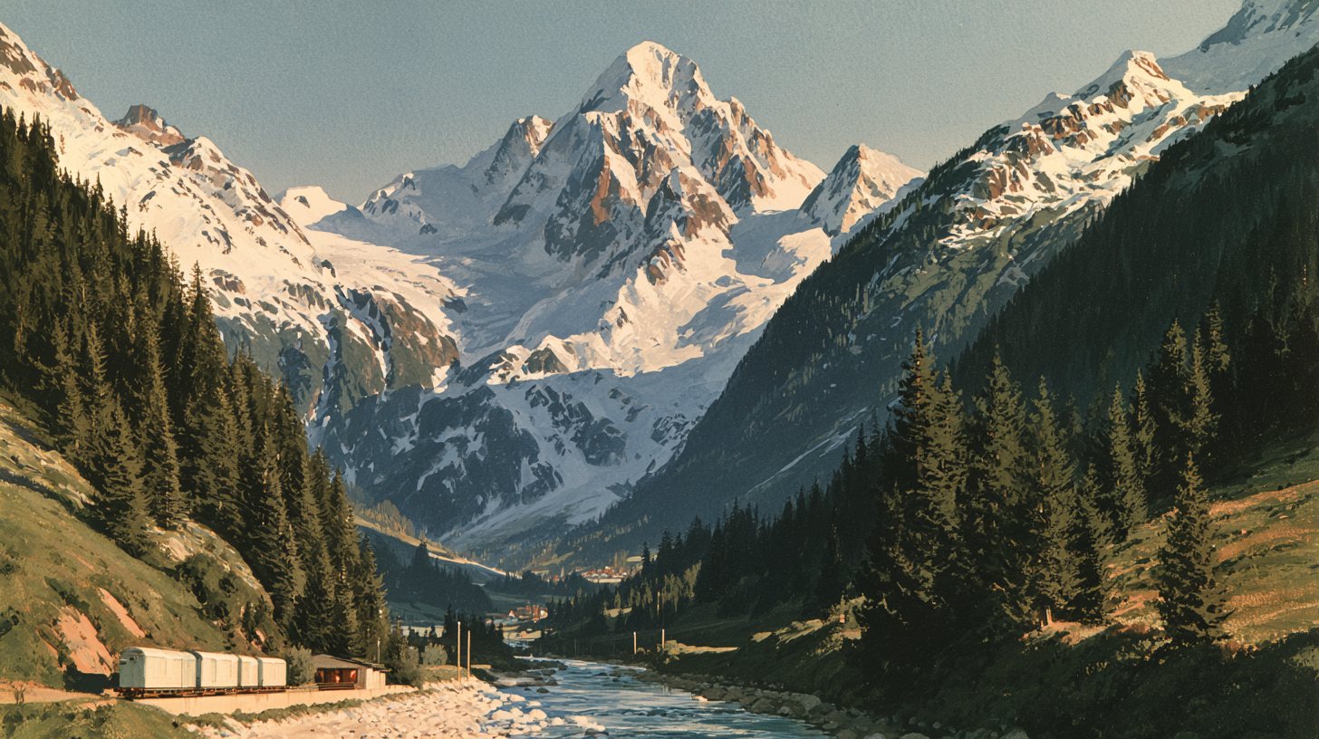 A row of white container modules beside a river road in a snow-peaked alpine valley