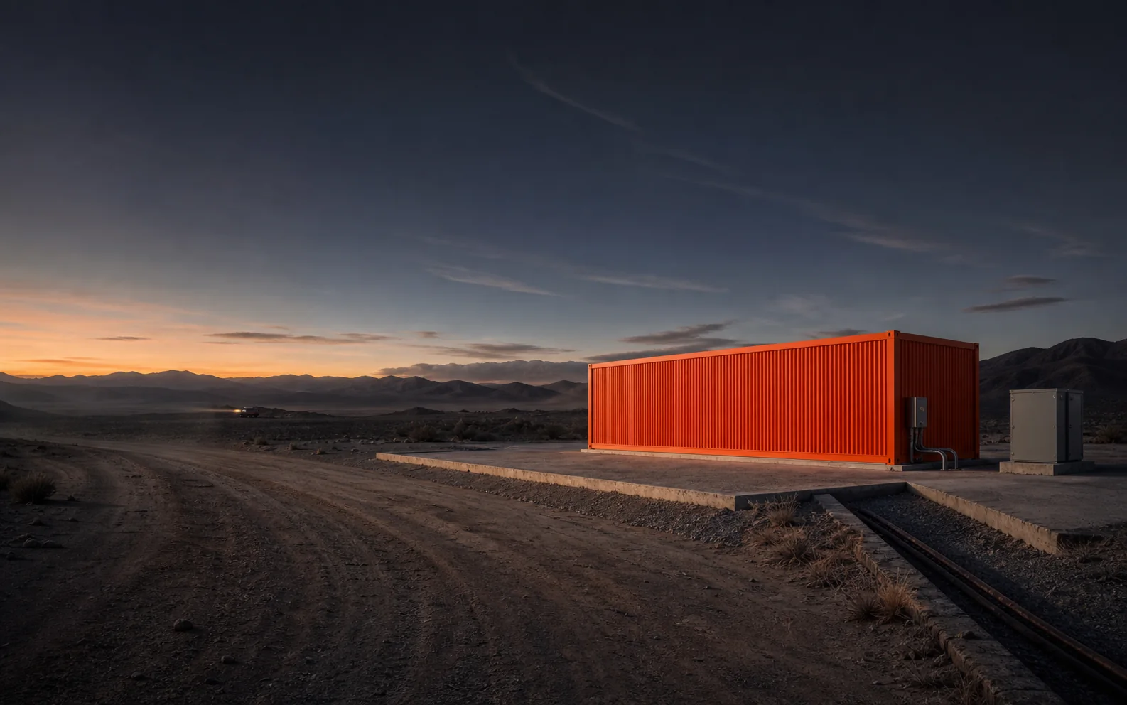 Concept visualization of a container-scale field unit grounded on a high-desert service pad