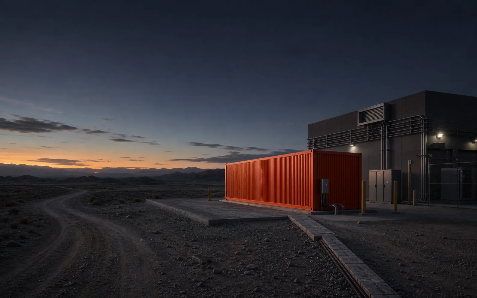 Concept visualization of a container-scale field unit beside a remote industrial load